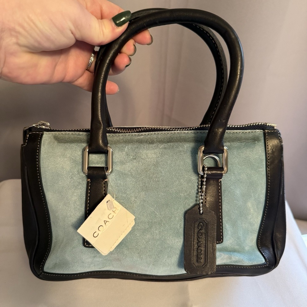 Vintage COACH Bonnie's Legacy Small Zip Satchel Tote Bag Purse Navy Blue Suede